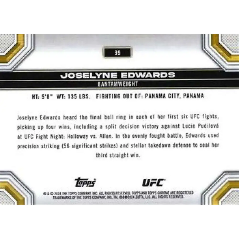 2024 Topps Chrome UFC #99 Joselyne Edwards NM-MT RC Rookie MMA Card - UFC/MMA Card Single