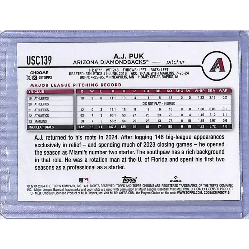 2024 Topps Chrome Update Refractor Magenta #USC139 A.J. Puk NM-MT 203/399 Arizona Diamondbacks - Baseball Card Single