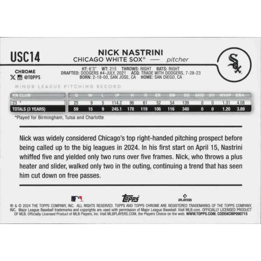 2024 Topps Chrome Update Refractor Prism #USC14 Nick Nastrini NM-MT RC - Baseball Card Single