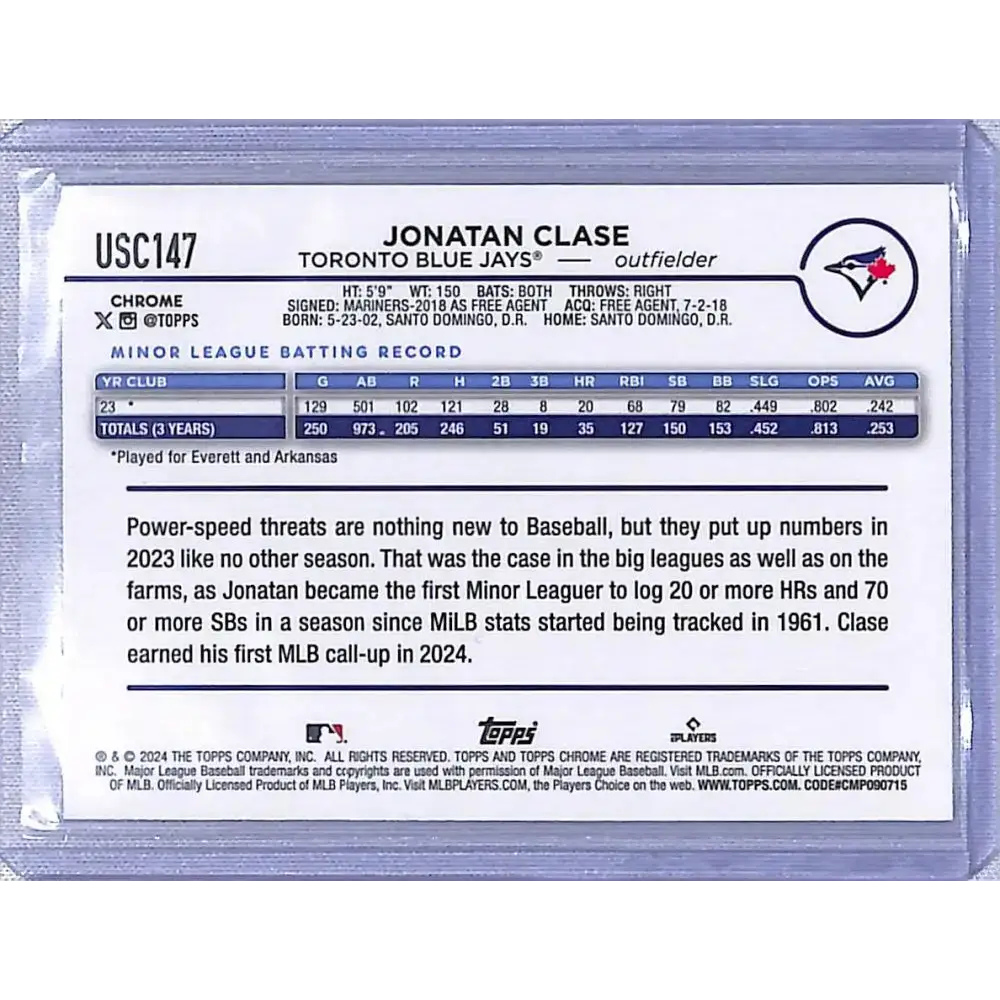 2024 Topps Chrome Update Refractor Prism #USC147 Jonatan Clase NM-MT RC - Baseball Card Single