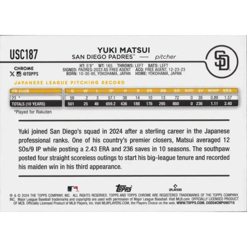 2024 Topps Chrome Update Refractor Prism #USC187 Yuki Matsui NM-MT RC Rookie San Diego Padres - Baseball Card Single