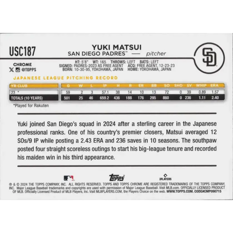 2024 Topps Chrome Update Refractor Prism #USC187 Yuki Matsui NM-MT RC Rookie San Diego Padres - Baseball Card Single