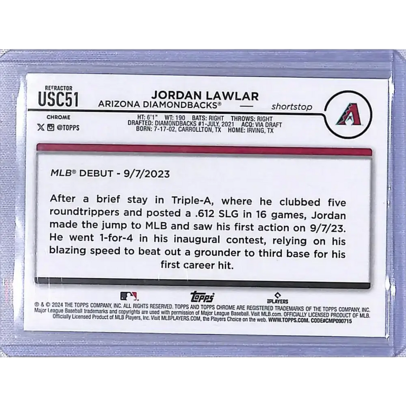 2024 Topps Chrome Update Refractor Prism #USC51 Jordan Lawlar NM-MT RC - Baseball Card Single