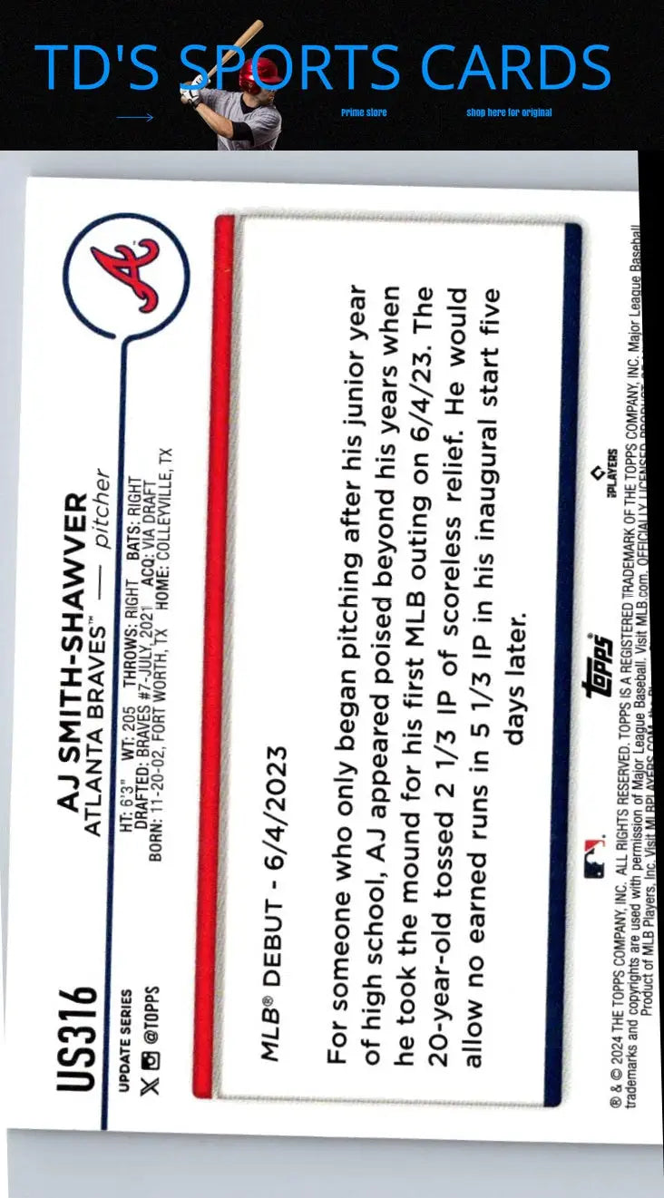 Back of 2024 Topps Chrome Update AJ Smith-Shawver baseball card displaying player details