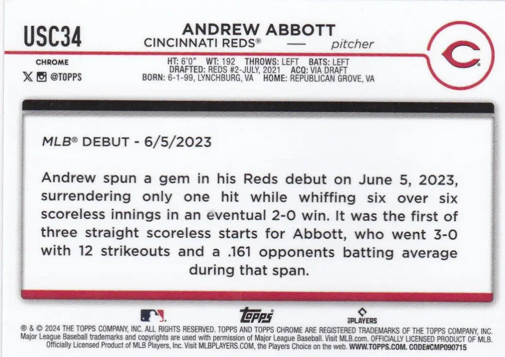 2024 TOPPS CHROME #USC34 ANDREW ABBOTT X FRACTOR- CINCINNATI REDS - Baseball Card Single