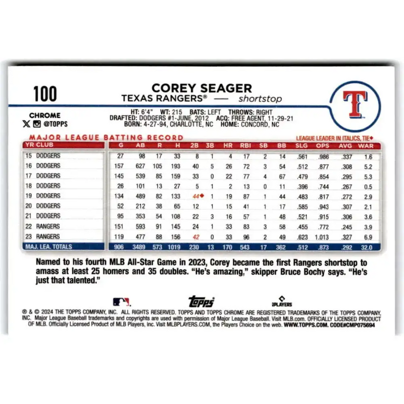 2024 Topps Chrome X-Fractor #100 Corey Seager NM-MT Texas Rangers Baseball Card - Baseball Card Single