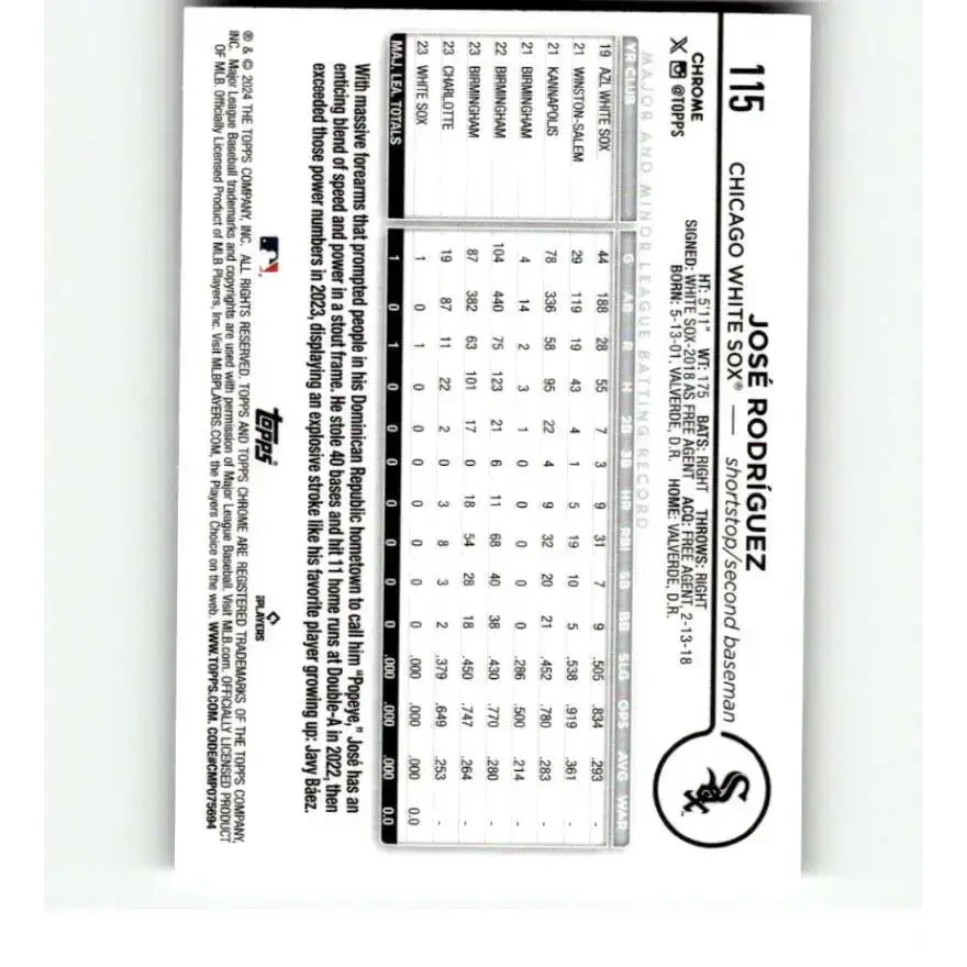 2024 Topps Chrome X-Fractor #115 Jose Rodriguez NM-MT RC Rookie Chicago White Sox Baseball Card