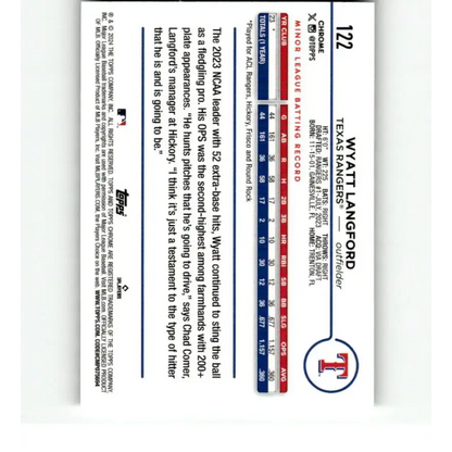 2024 Topps Chrome X-Fractor #122 Wyatt Langford NM-MT RC Rookie Texas Rangers Baseball Card