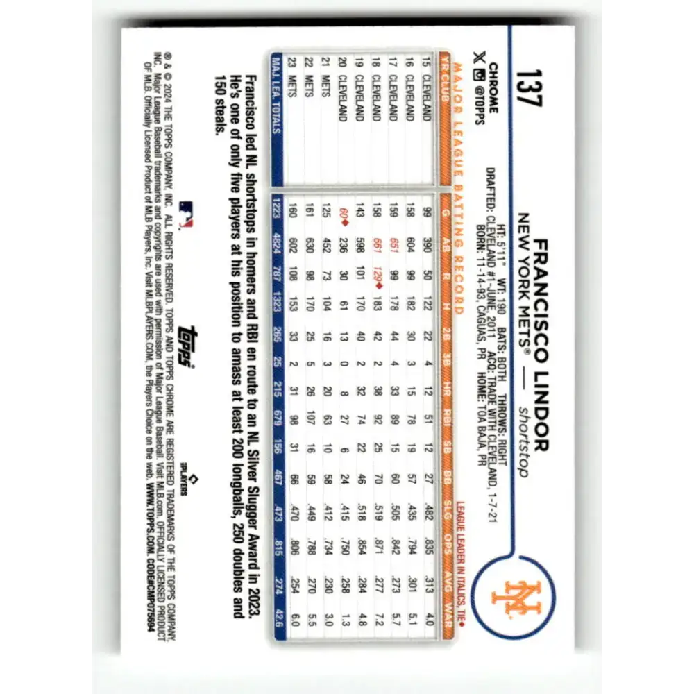 2024 Topps Chrome X-Fractor #137 Francisco Lindor NM-MT New York Mets Baseball Card