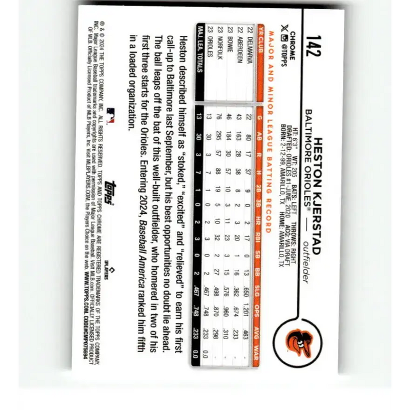 2024 Topps Chrome X-Fractor #142 Heston Kjerstad NM-MT RC Rookie Baltimore Orioles Baseball Card - Baseball Card Single