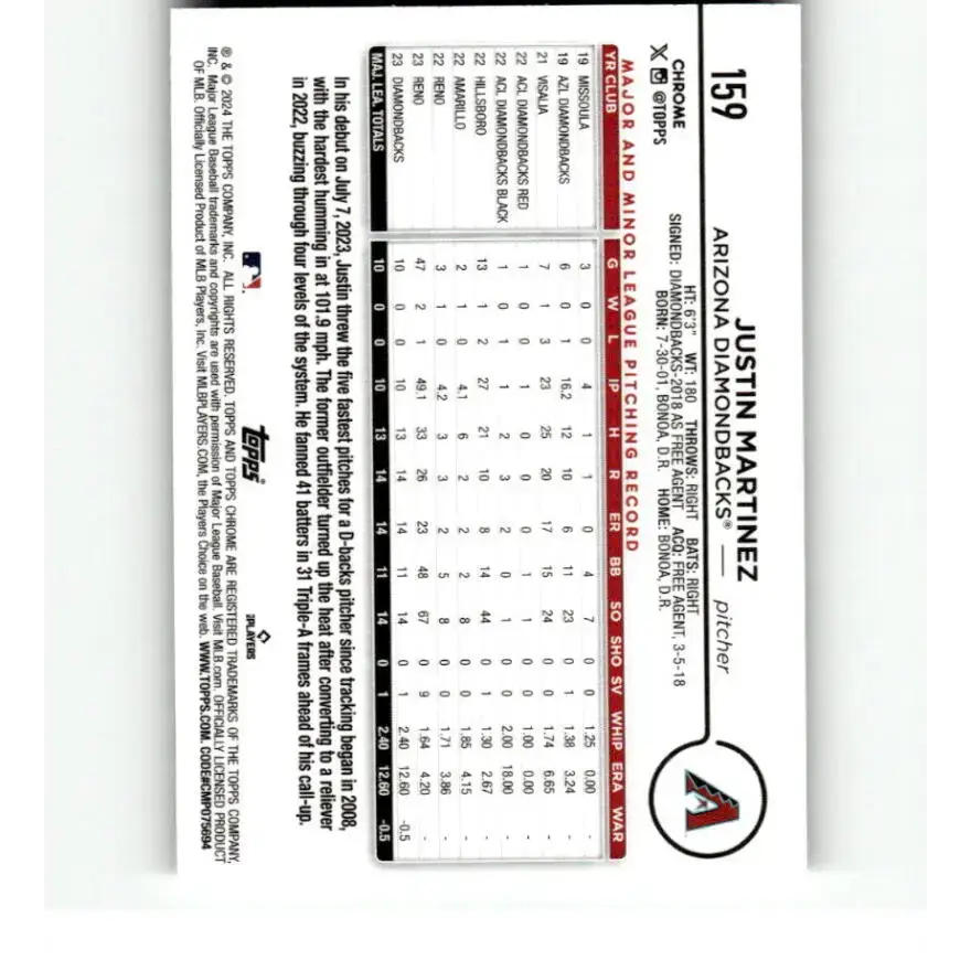 2024 Topps Chrome X-Fractor #159 Justin Martinez NM-MT RC Rookie Arizona Diamondbacks Baseball Card