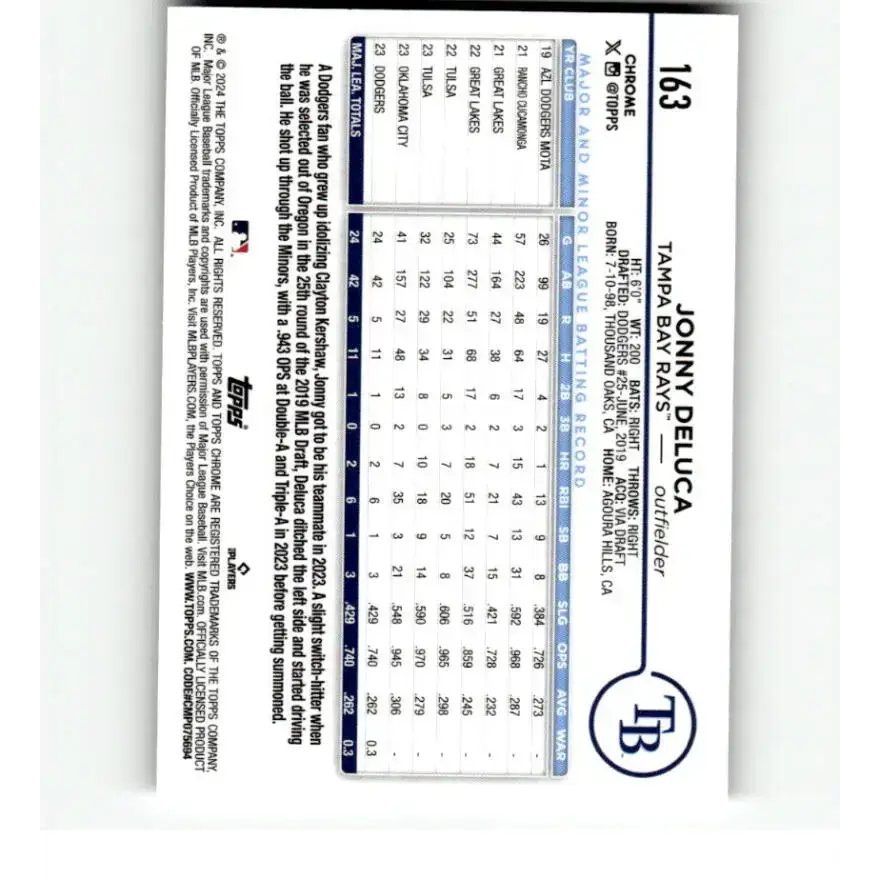 2024 Topps Chrome X-Fractor #163 Jonny Deluca NM-MT RC Rookie Tampa Bay Rays Baseball Card