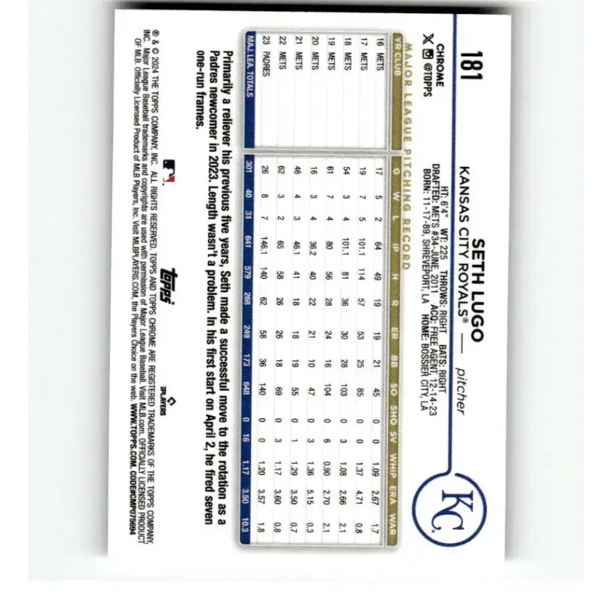 2024 Topps Chrome X-Fractor #181 Seth Lugo NM-MT Kansas City Royals Baseball Card