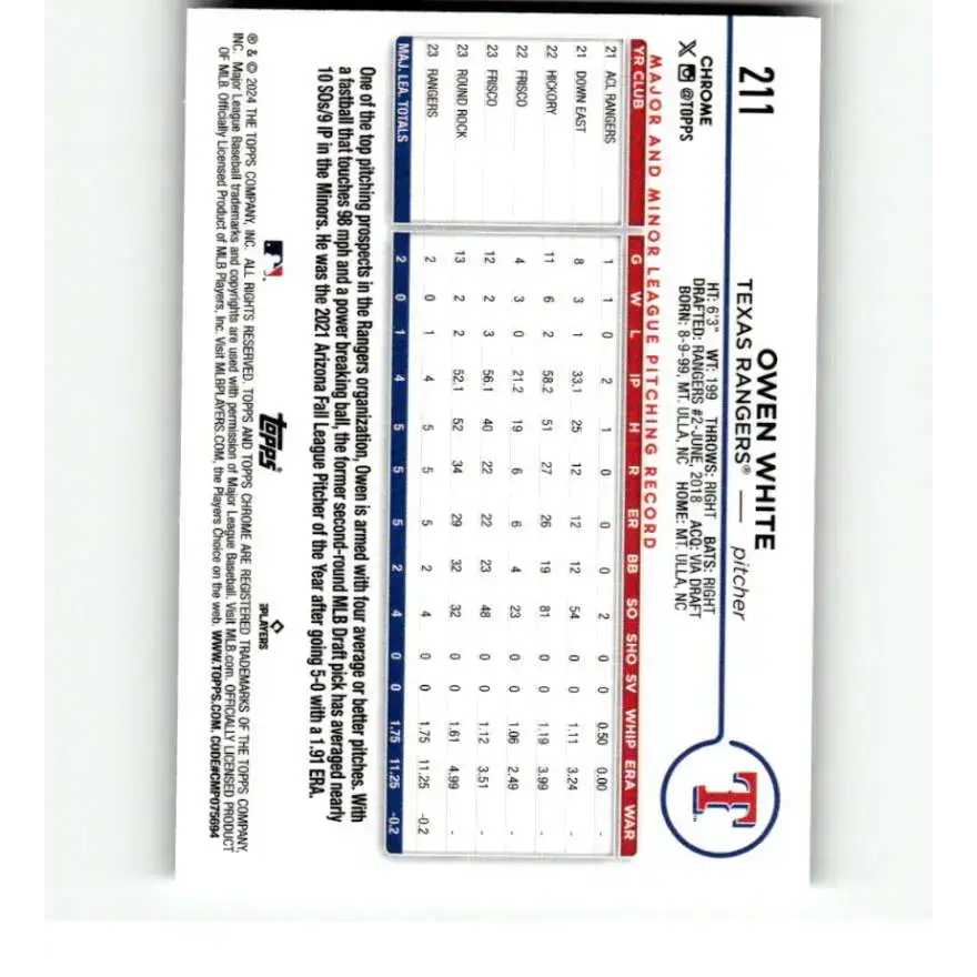 2024 Topps Chrome X-Fractor #211 Owen White NM-MT RC Rookie Texas Rangers Baseball Card