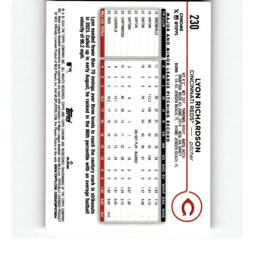 2024 Topps Chrome X-Fractor #230 Lyon Richardson NM-MT RC Rookie Cincinnati Reds Baseball Card