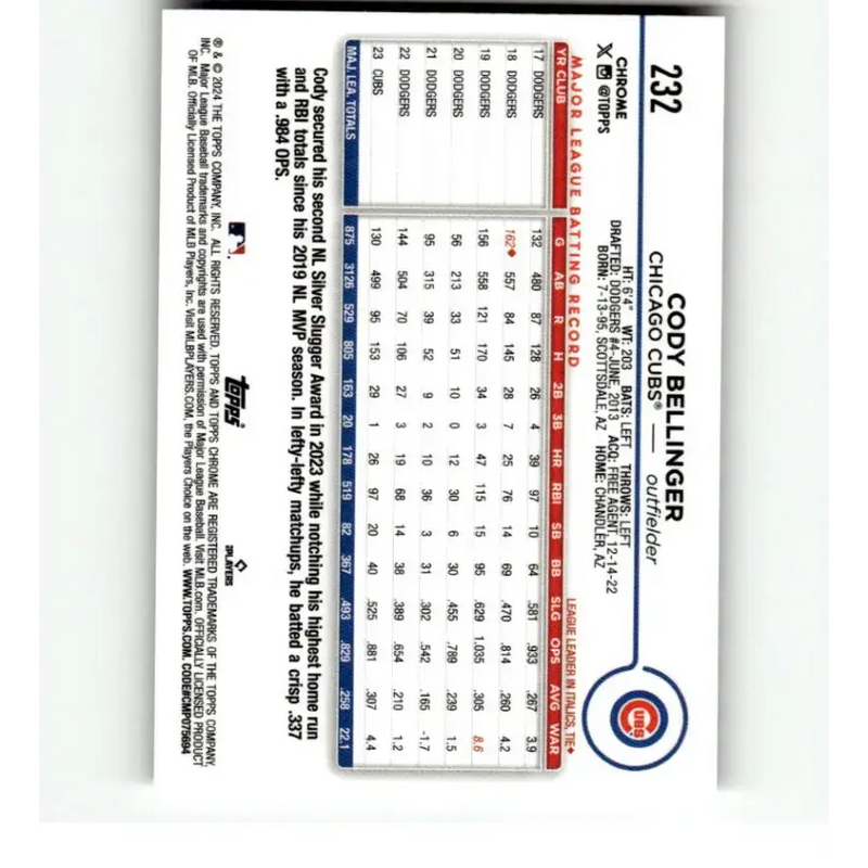 2024 Topps Chrome X-Fractor #232 Cody Bellinger NM-MT Chicago Cubs Baseball Card - Baseball Card Single