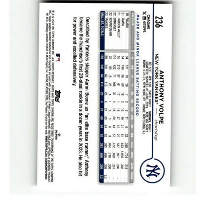 2024 Topps Chrome X-Fractor #236 Anthony Volpe NM-MT New York Yankees Baseball Card