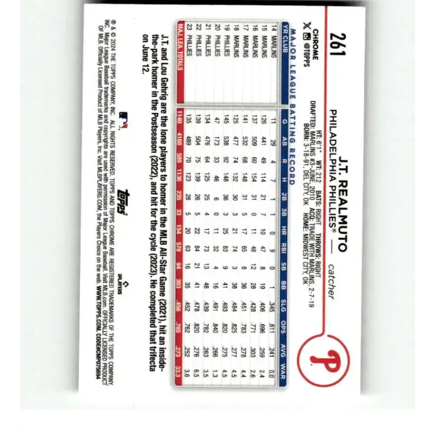 2024 Topps Chrome X-Fractor #261 J.T. Realmuto NM-MT Philadelphia Phillies Baseball Card