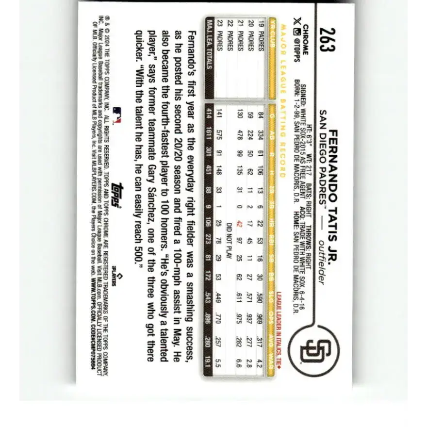 2024 Topps Chrome X-Fractor #263 Fernando Tatis Jr. NM-MT San Diego Padres Baseball Card