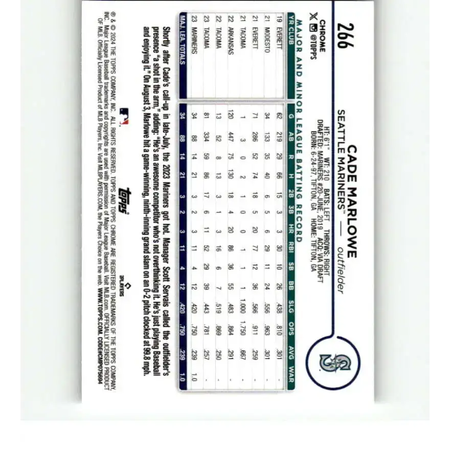 2024 Topps Chrome X-Fractor #266 Cade Marlowe NM-MT RC Rookie Seattle Mariners Baseball Card