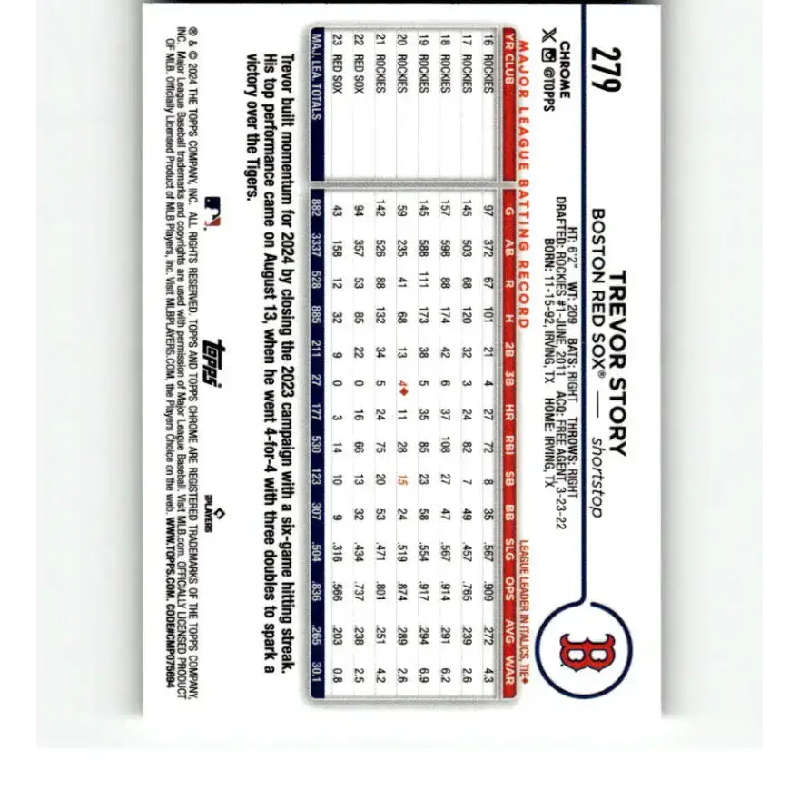 2024 Topps Chrome X-Fractor #279 Trevor Story NM-MT Boston Red Sox Baseball Card