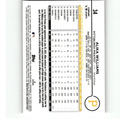 2024 Topps Chrome X-Fractor #34 Alika Williams NM-MT RC Rookie Pittsburgh Pirates Baseball Card