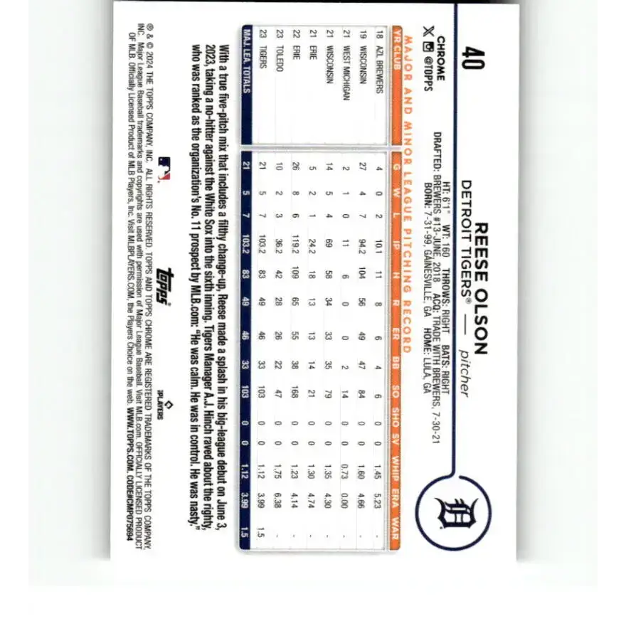 2024 Topps Chrome X-Fractor #40 Reese Olson NM-MT RC Rookie Detroit Tigers Baseball Card