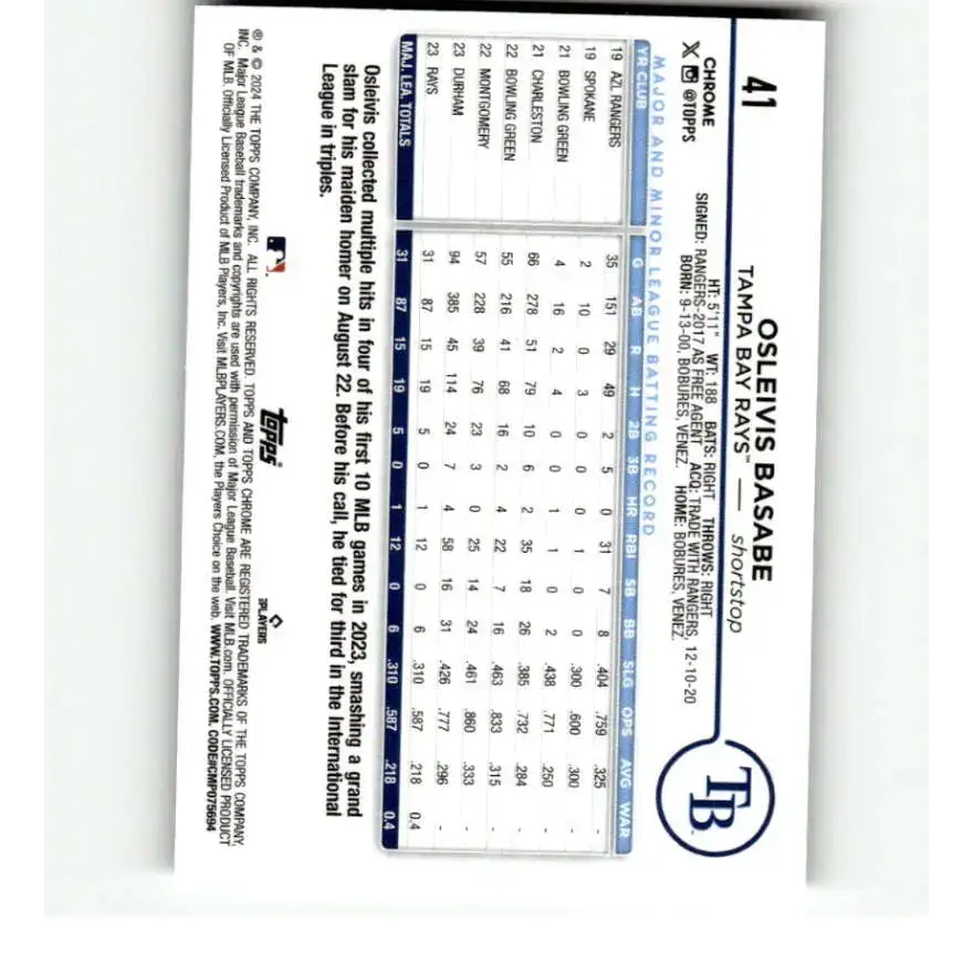 2024 Topps Chrome X-Fractor #41 Osleivis Basabe NM-MT RC Rookie Tampa Bay Rays Baseball Card