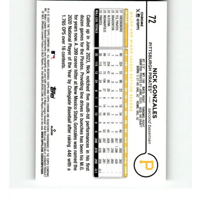 2024 Topps Chrome X-Fractor #72 Nick Gonzales NM-MT RC Rookie Pittsburgh Pirates Baseball Card