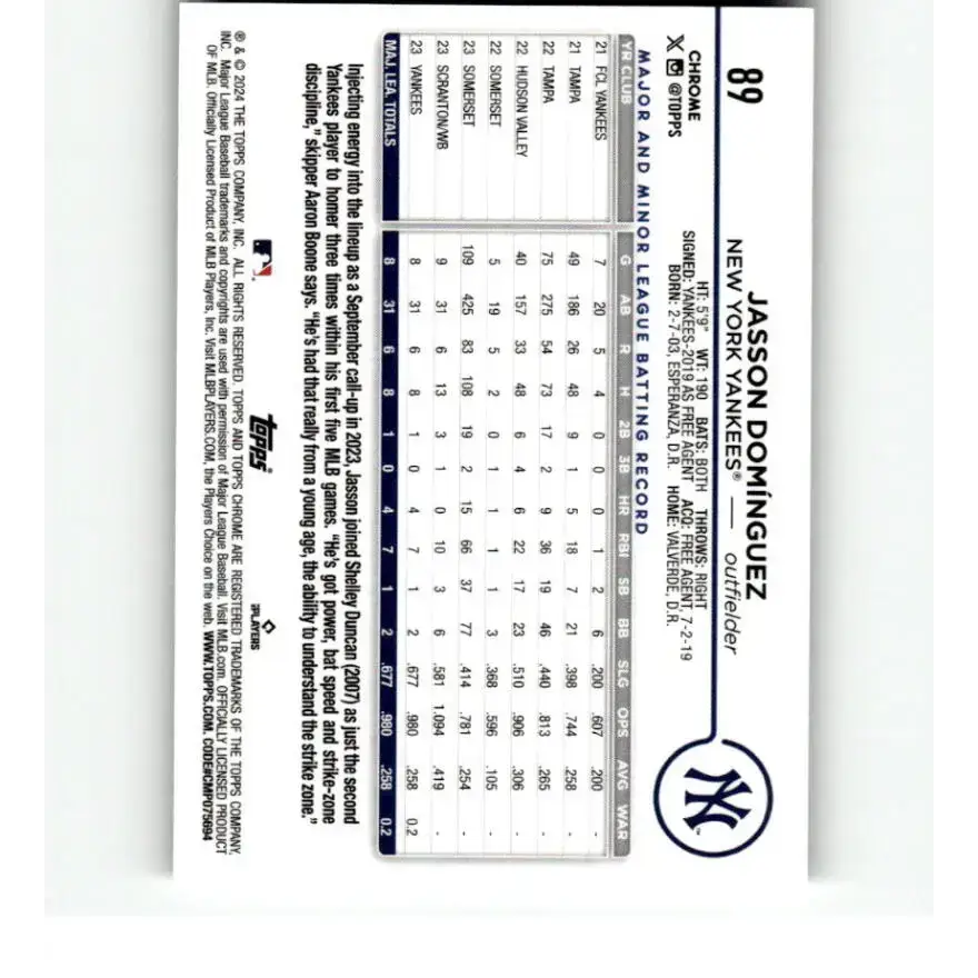 2024 Topps Chrome X-Fractor #89 Jasson Dominguez NM-MT RC Rookie New York Yankees Baseball Card