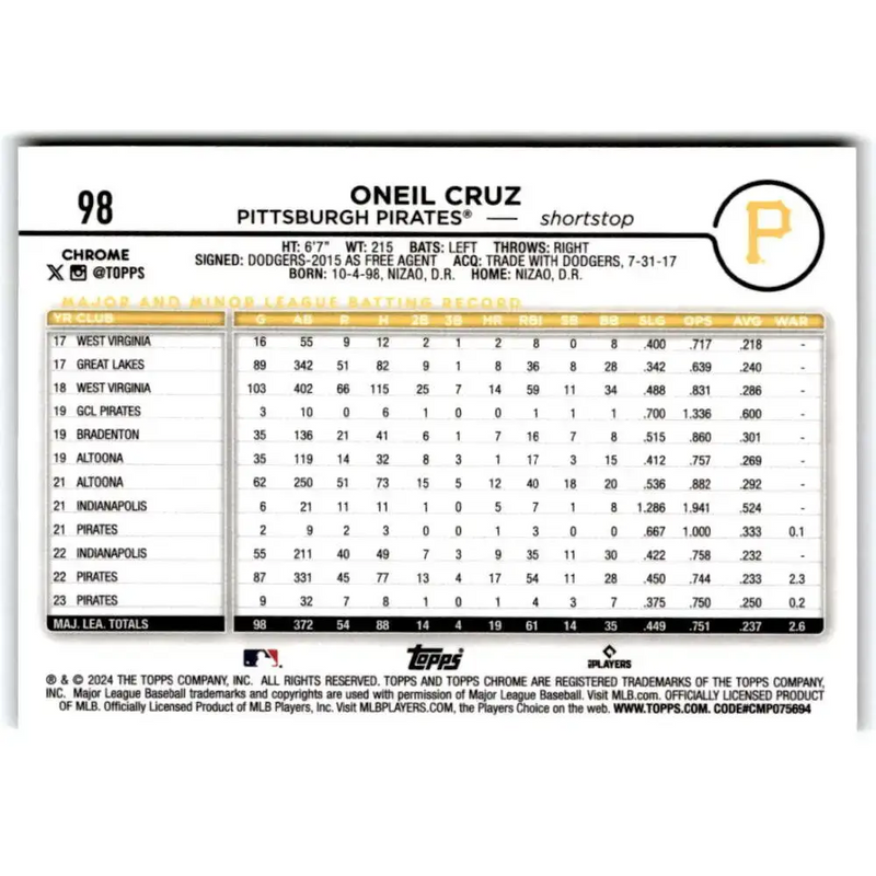 2024 Topps Chrome X-Fractor #98 Oneil Cruz NM-MT Pittsburgh Pirates Baseball Card - Baseball Card Single