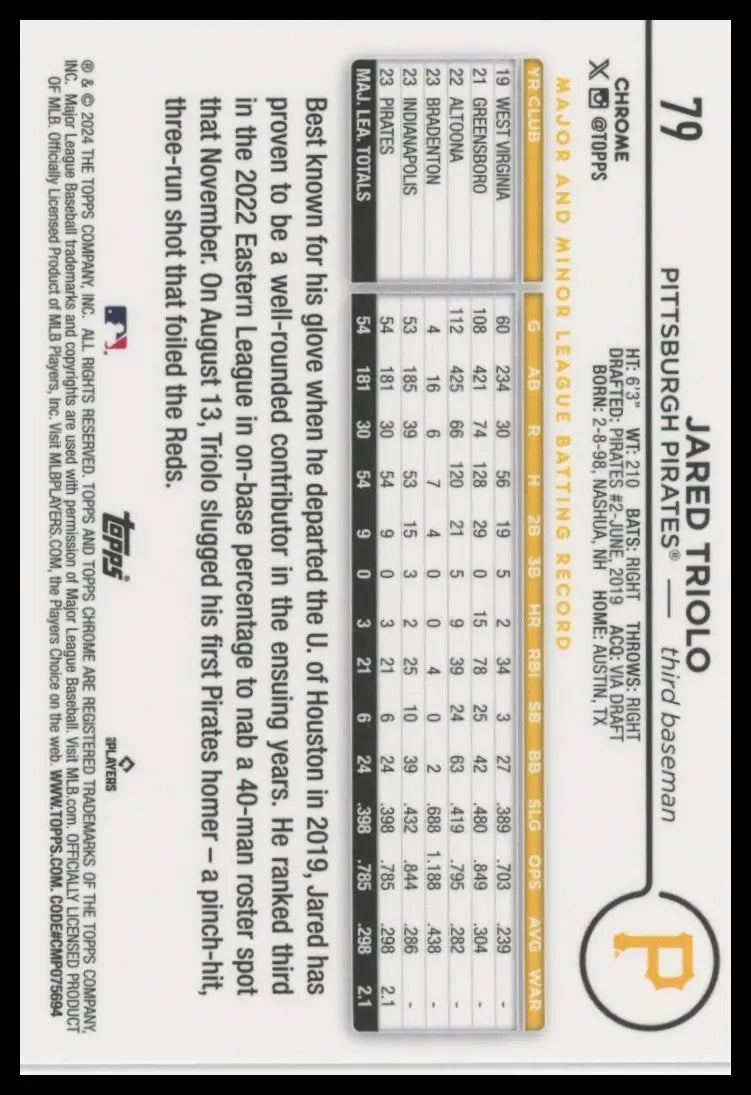 2024 Topps Chrome - X-Fractors Jared Triolo 79 Pittsburgh Pirates Baseball NM - Baseball Card Single