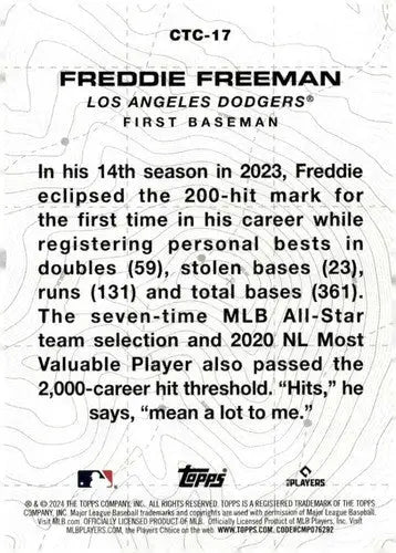 2024 Topps City to City Freddie Freeman baseball card back with original gloss