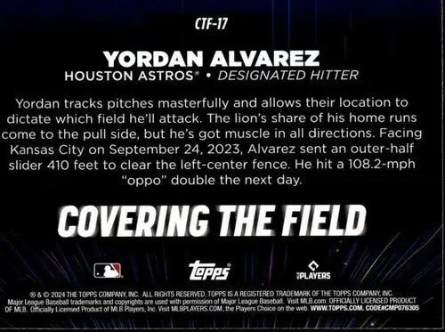 Baseball card back featuring Yordan Alvarez from 2024 Topps Covering the Field series