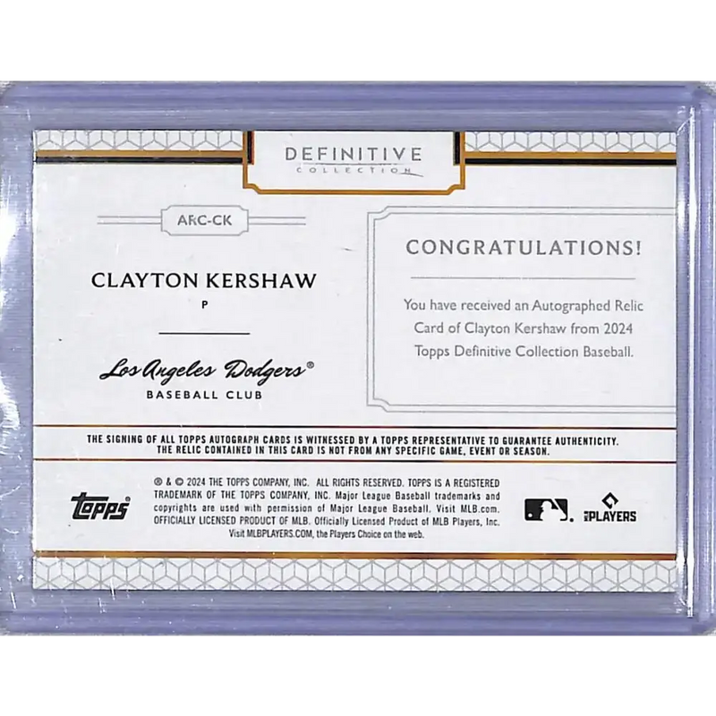 2024 Topps Definitive Collection #ARC-CK Clayton Kershaw NM-MT MEM Auto 15/25 Los Angeles Dodgers - Baseball Card Single