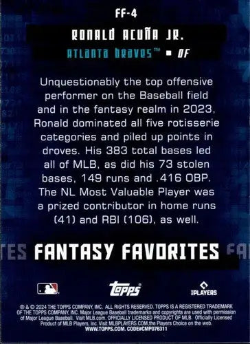 Baseball card back showing original gloss for 2024 Topps Fantasy Favorites Ronald Acuna Jr