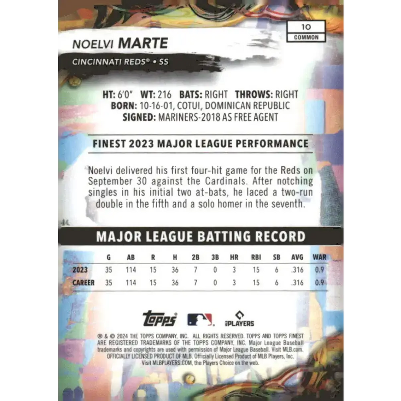2024 Topps Finest #10 Noelvi Marte NM-MT RC Rookie Cincinnati Reds Baseball Card - Baseball Card Single