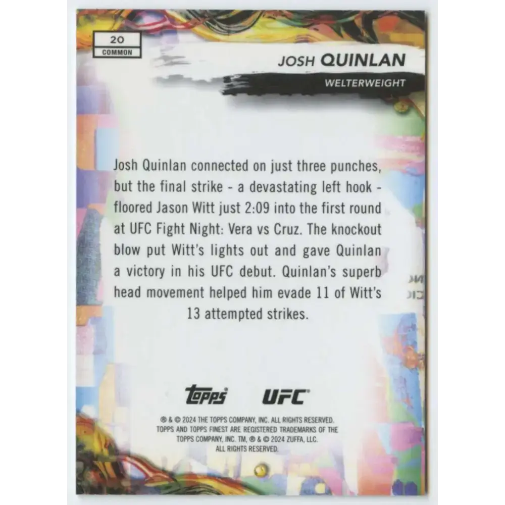 2024 Topps Finest UFC #20 Josh Quinlan NM-MT RC Rookie Welterweight Men MMA Card - UFC/MMA Card Single