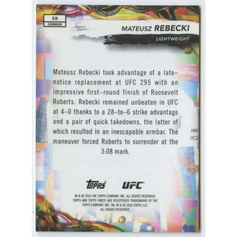 2024 Topps Finest UFC #38 Mateusz Rebecki NM-MT RC Rookie Lightweight Men MMA Card - UFC/MMA Card Single