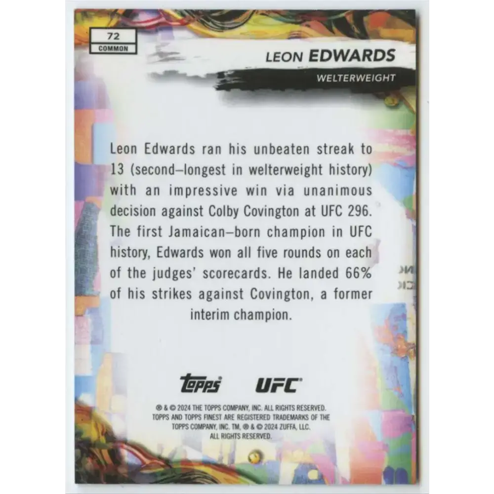 2024 Topps Finest UFC #72 Leon Edwards NM-MT Welterweight Men MMA Card - UFC/MMA Card Single