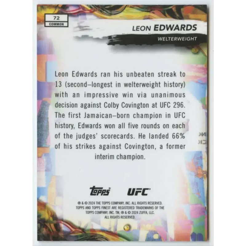 2024 Topps Finest UFC #72 Leon Edwards NM-MT Welterweight Men MMA Card - UFC/MMA Card Single