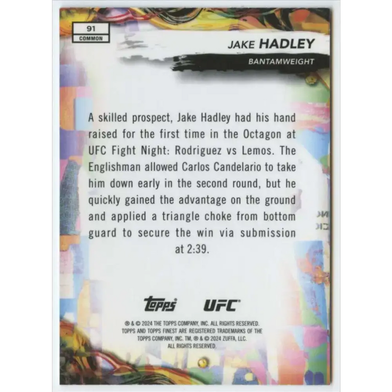 2024 Topps Finest UFC #91 Jake Hadley NM-MT RC Rookie Flyweight Men MMA Card - UFC/MMA Card Single