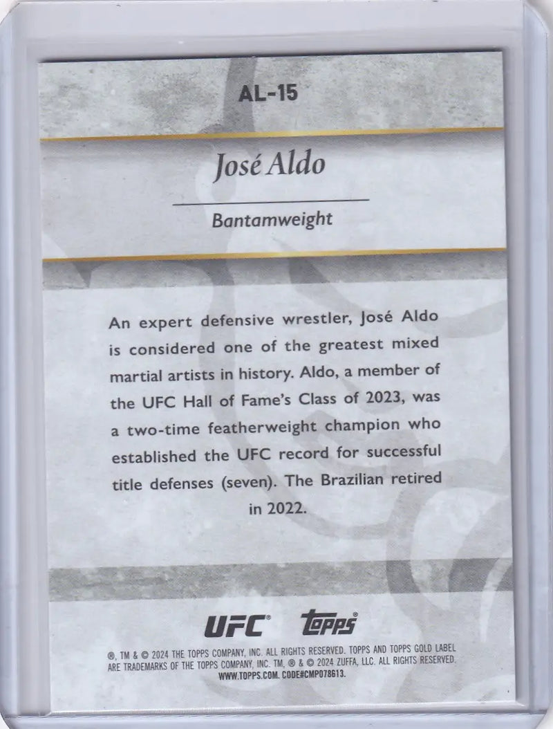UFC trading card of José Aldo showcasing his achievements from Topps Gold Label Alumni