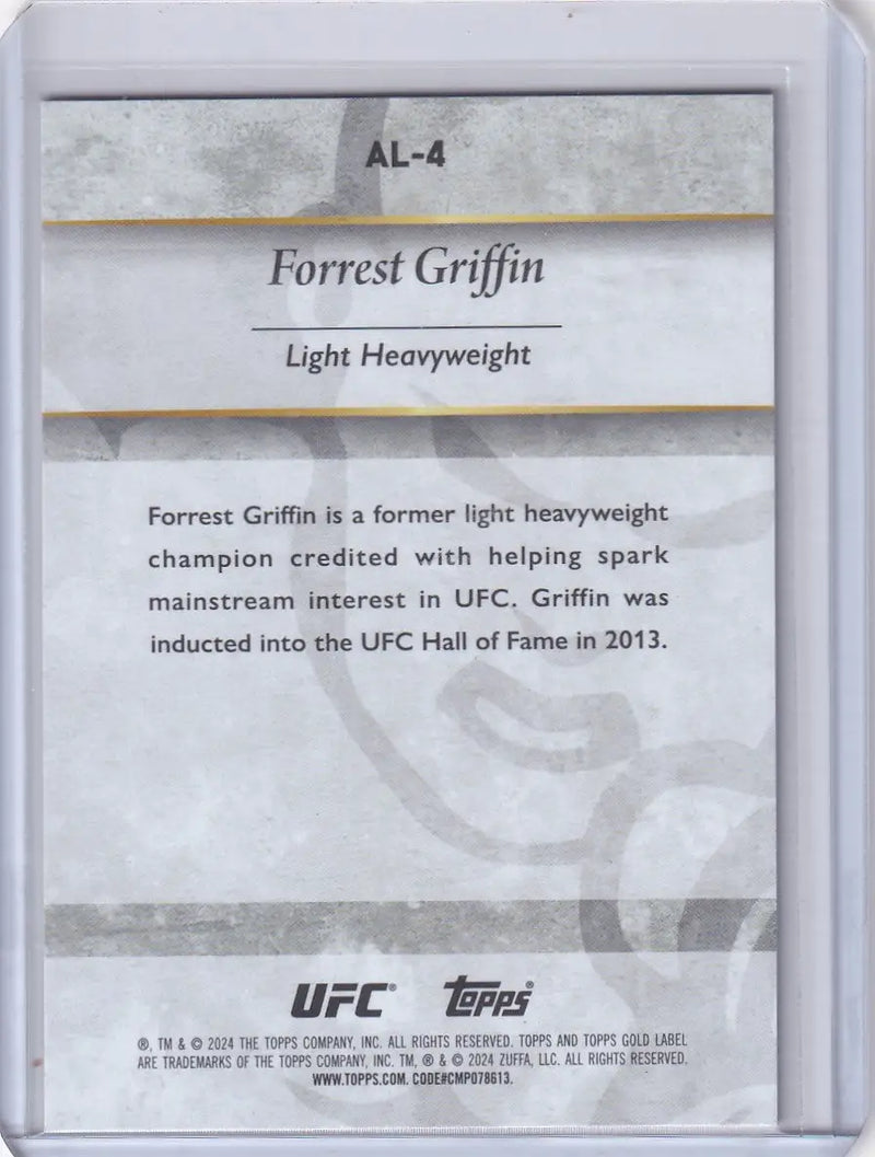 Forrest Griffin biographical trading card from Topps Gold Label Alumni series
