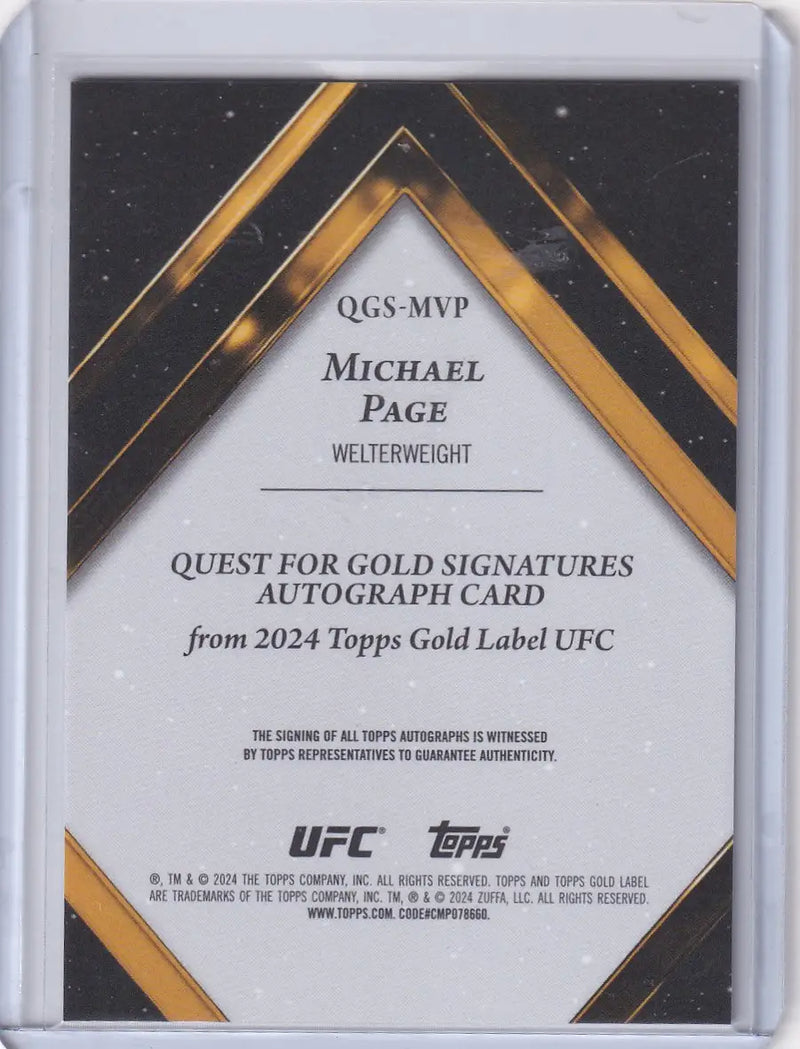Back of 2024 Topps Gold Label Auto Quest for Gold Signatures card of Michael Page