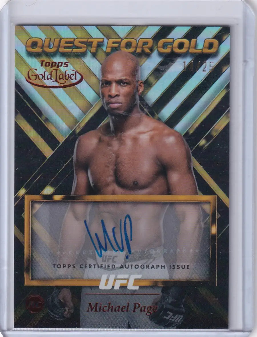 UFC trading card featuring Topps Gold Label Auto Quest design with autograph and gold stripes