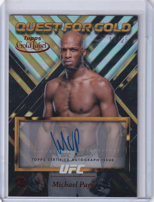 UFC trading card featuring Topps Gold Label Auto Quest design with autograph and gold stripes