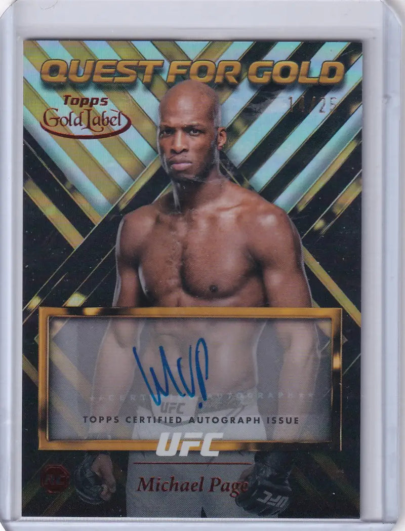 UFC trading card featuring Topps Gold Label Auto Quest design with autograph and gold stripes