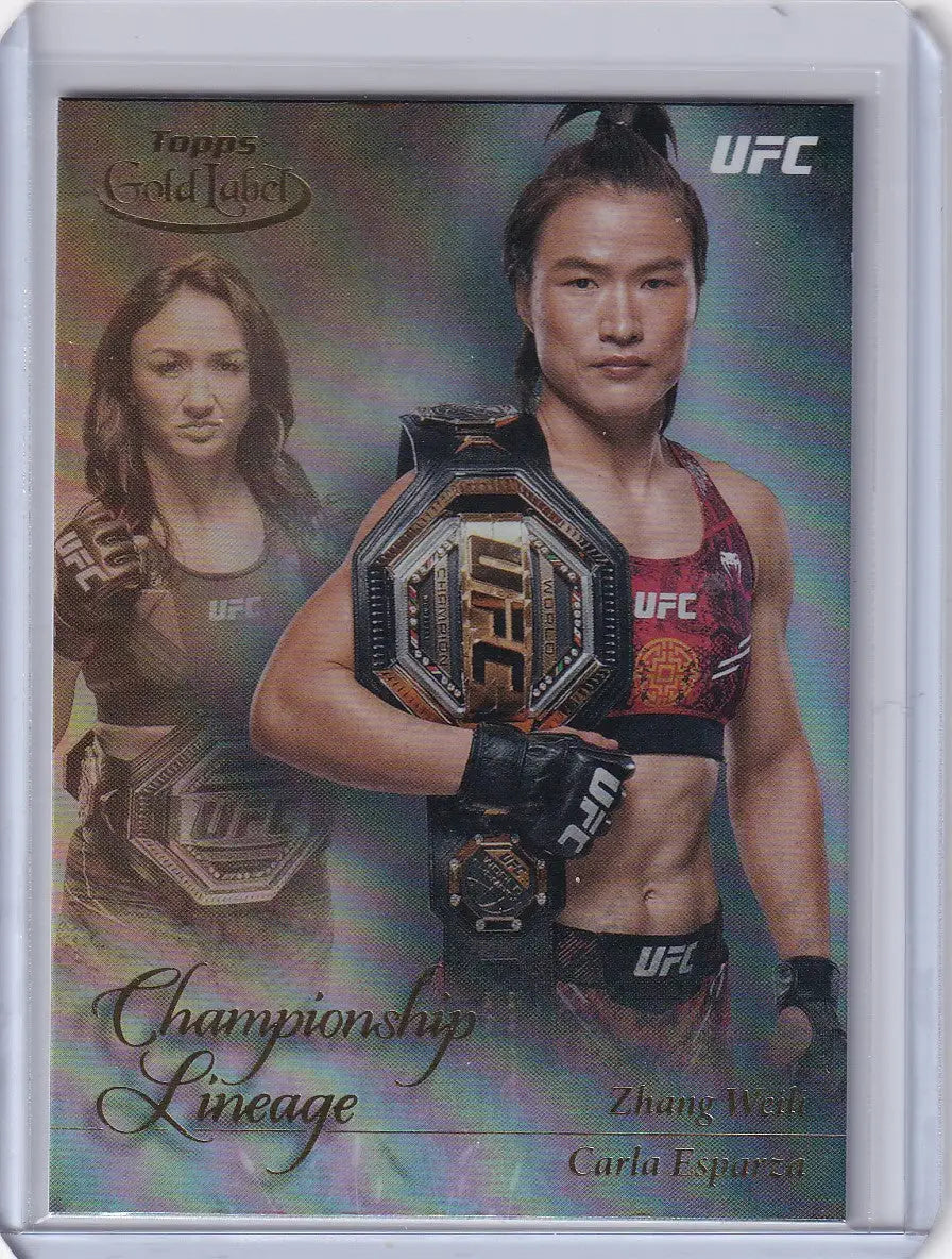UFC trading card featuring Carla Esparza with championship belt from Topps Gold Label