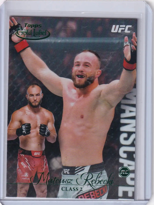 UFC trading card featuring Mateusz Rębecki celebrating in the Octagon Topps Gold Label
